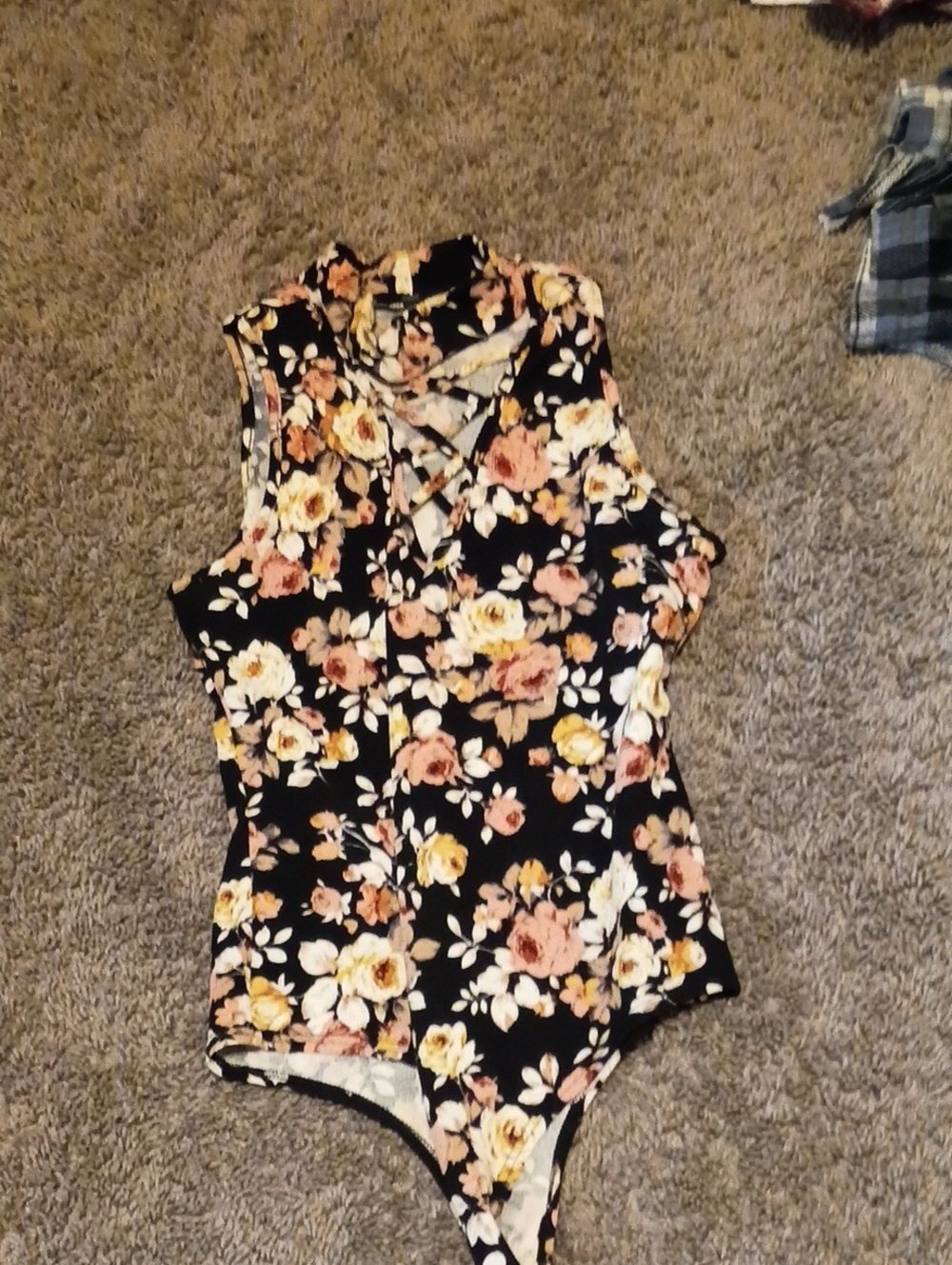 Floral Crisscross Neck Black Sleeveless Bodysuit